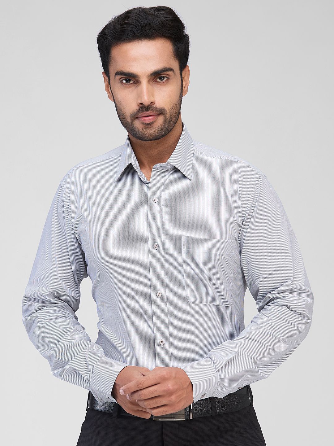 

Raymond Men Spread Collar Multi Striped Cotton Slim Fit Formal Shirt, Grey