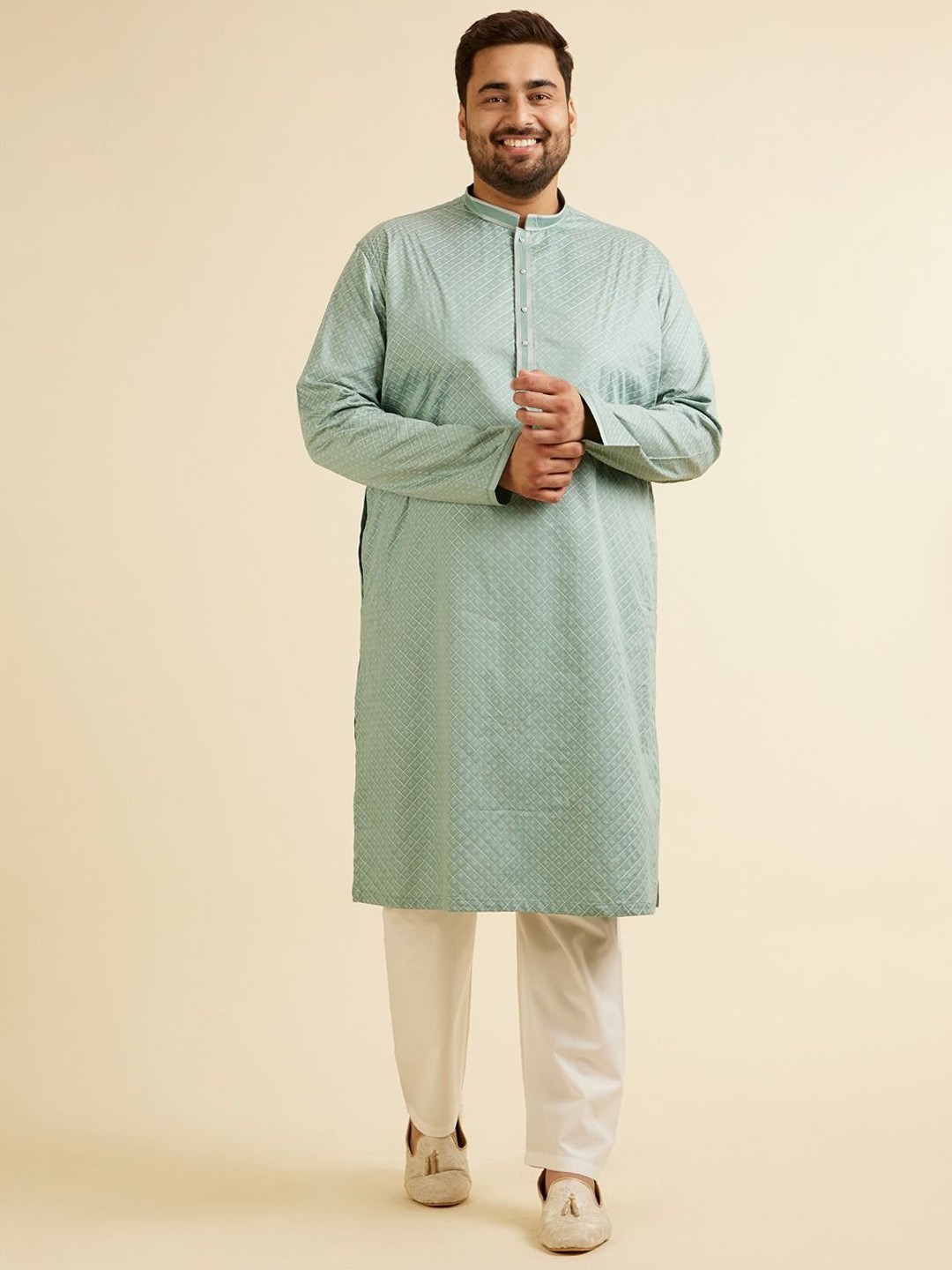 

Manyavar Plus Size Woven Design Mandarin Collar Regular Thread Work Kurta With Pyjama, Green