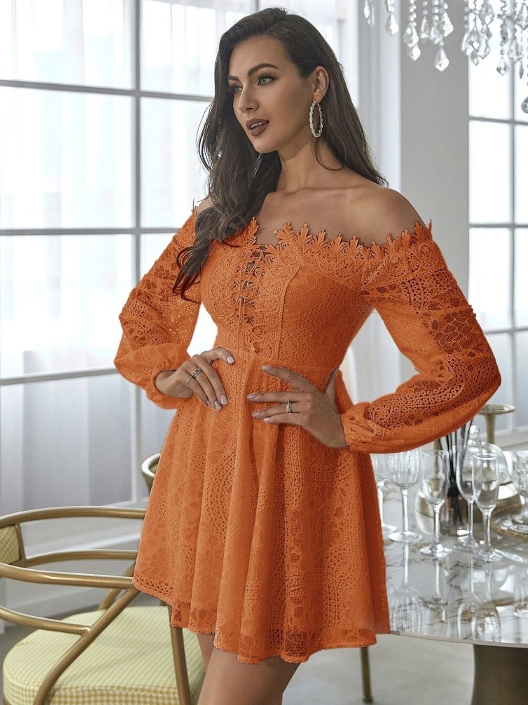 

KPOP Off-Shoulder Puff Sleeve A-Line Dress, Orange