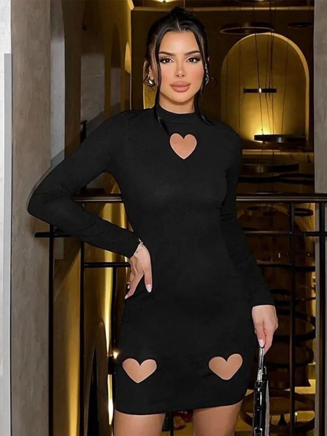 

KPOP Black Round Neck Solid Long Sleeves Polyester Bodycon Dress