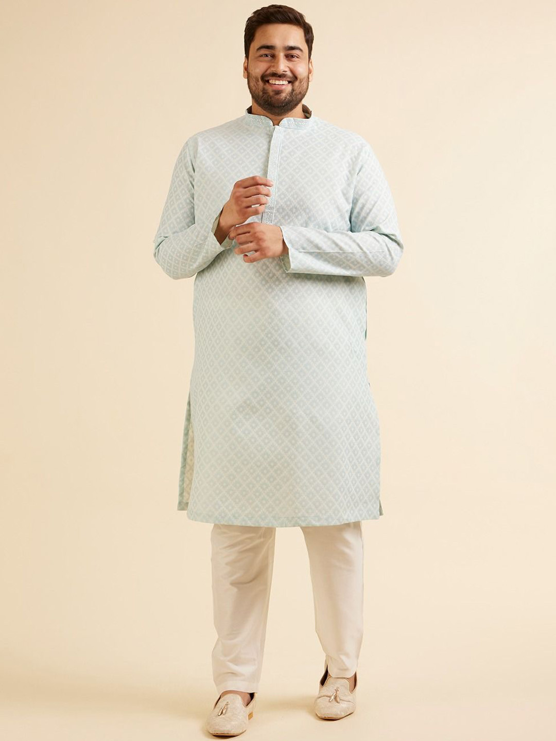 

Manyavar Plus Size Ethnic Motifs Woven Design Mandarin Collar Straight Kurta with Pyjamas, Blue