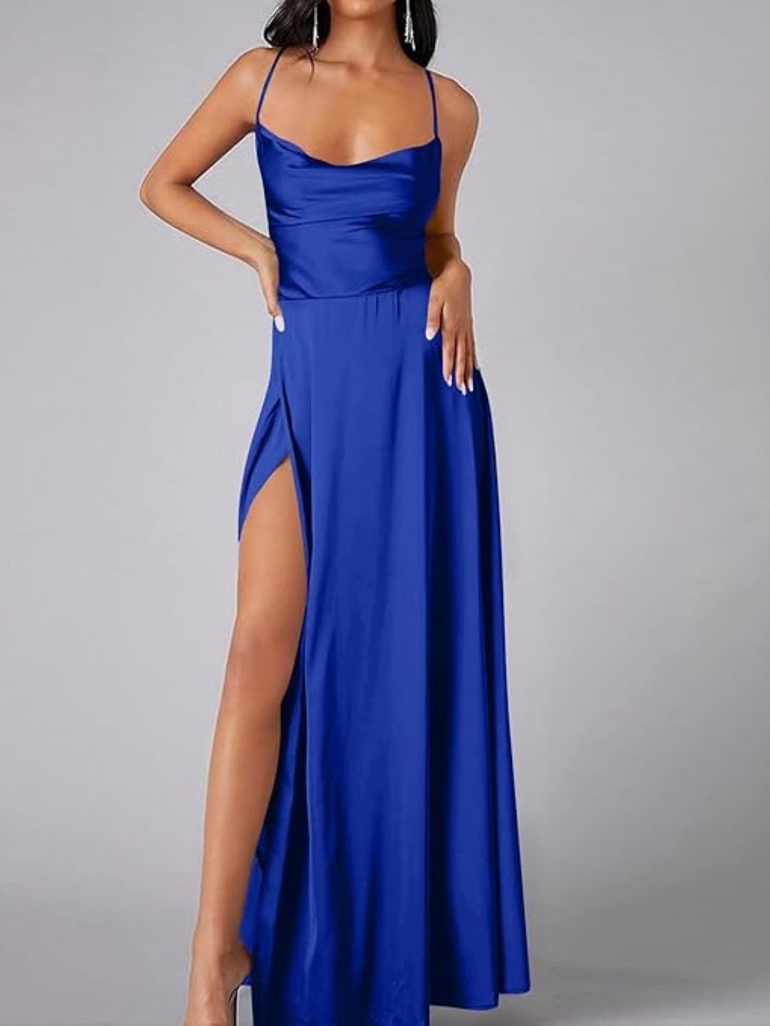 

KPOP Women Solid Sleeveless Shoulder Straps Maxi Dress, Navy blue
