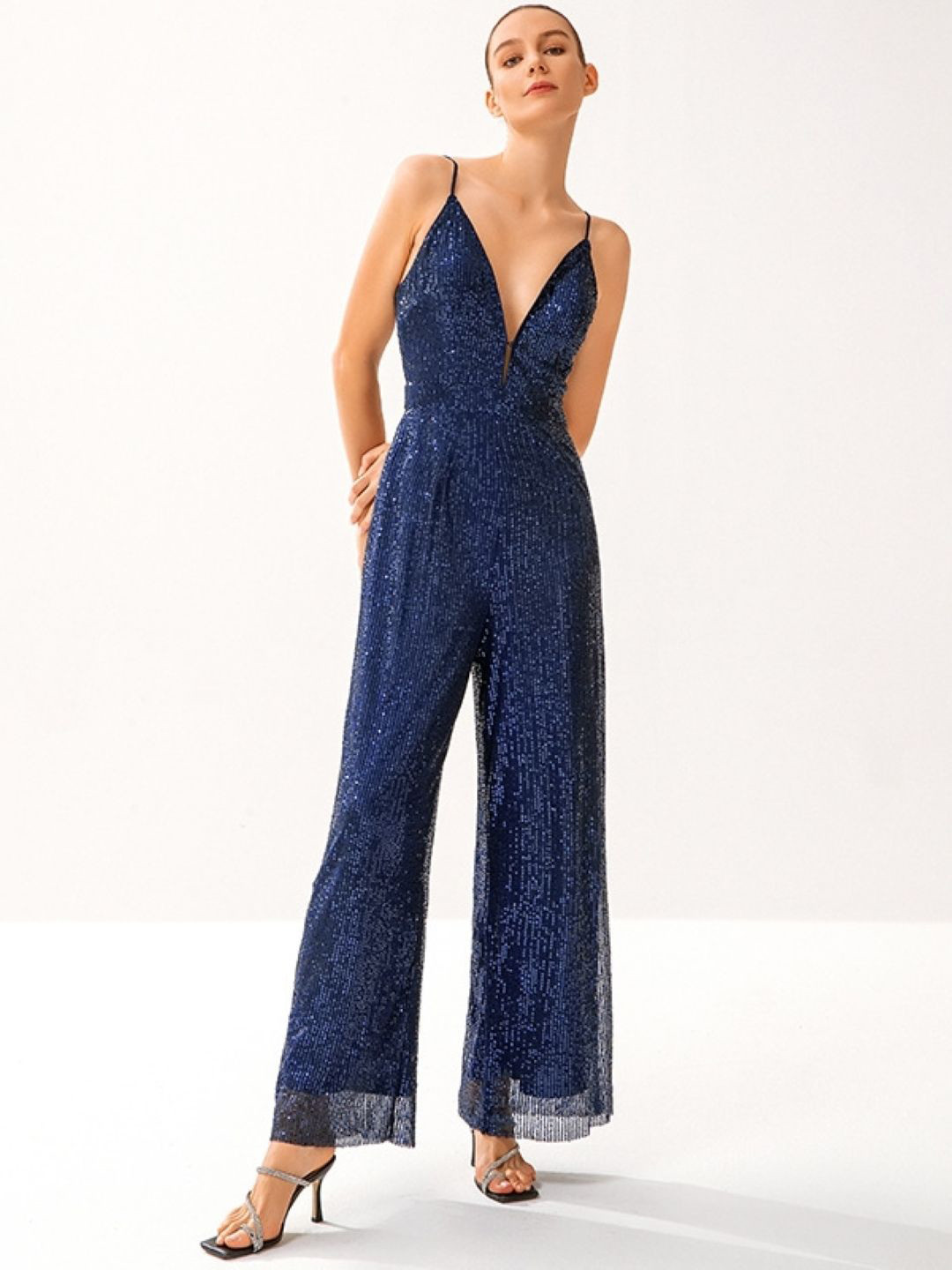 

KPOP V-Neck Sleeveless Basic Jumpsuit, Navy blue