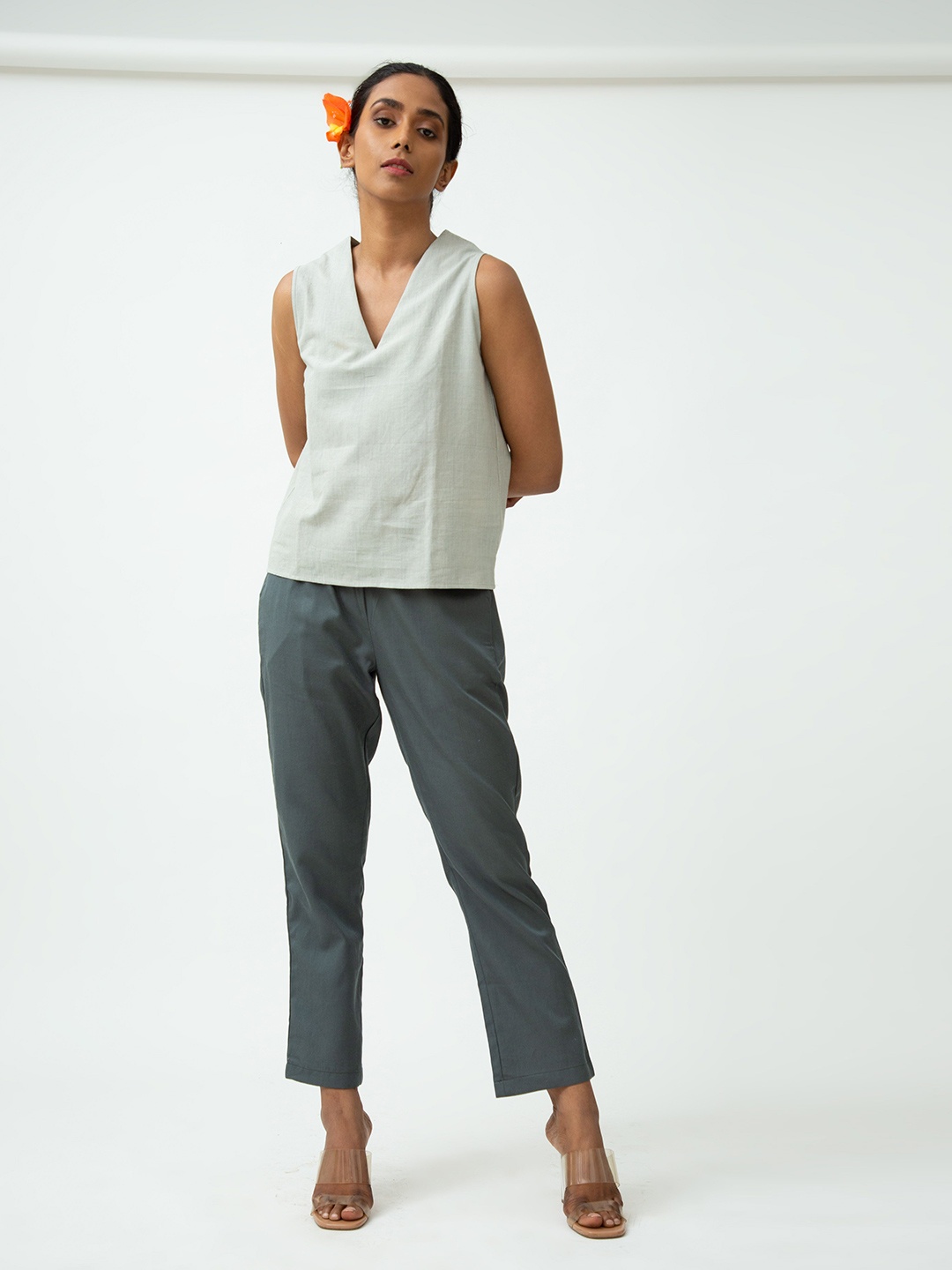 

Saltpetre Women Solid V-Neck Cotton Top, Grey