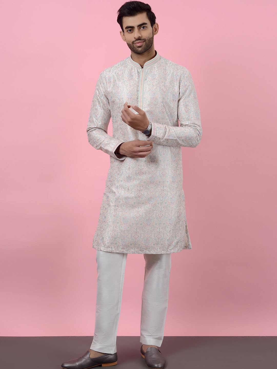 

azania Floral Embroidered Thread Work Kurta With Trousers, Cream