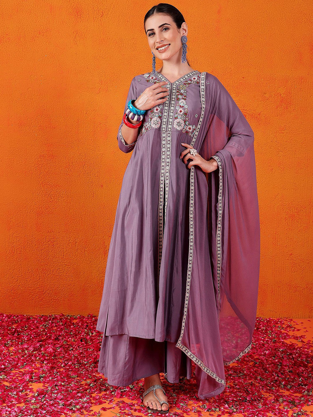 

Ariya Prints Floral Embroidered V-Neck Sequinned Pure Silk Kurta With Palazzos & Dupatta, Pink