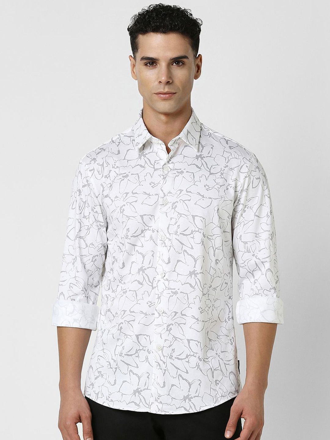 

V Dot Men Spread Collar Floral Printed Cotton Slim Fit Party Shirt, White