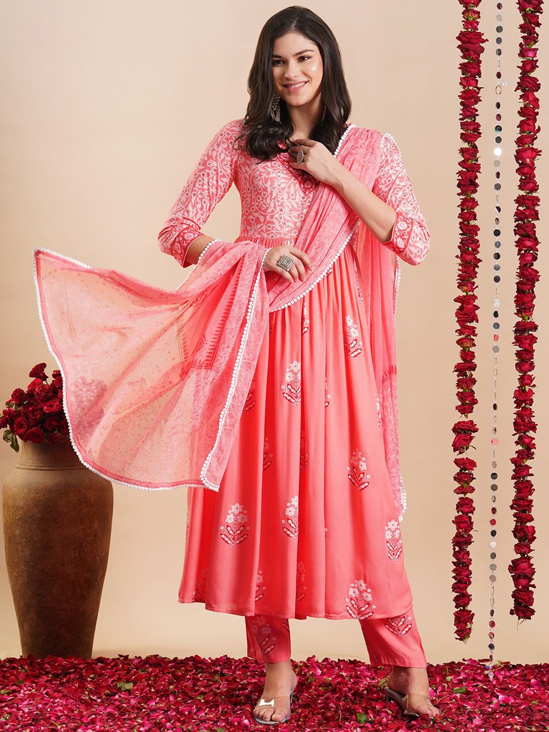 

KALINI Floral Printed Regular Anarkali Kurta with Trousers & Dupatta, Peach