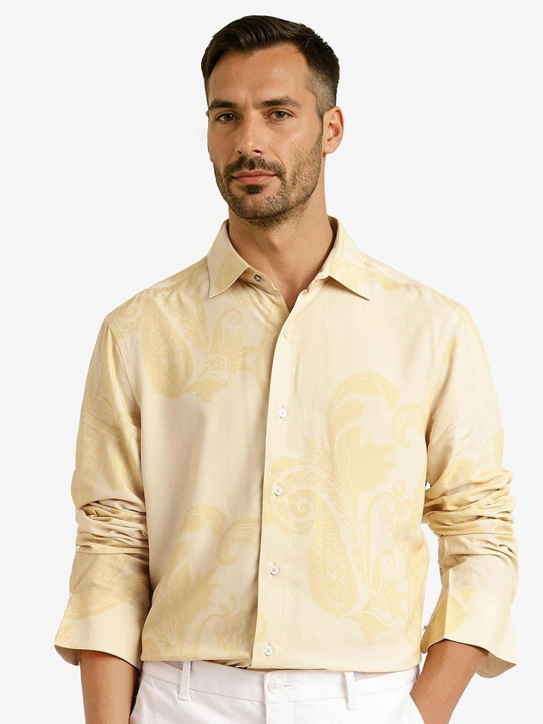 

RARE RABBIT Men Comfort Spread Collar Floral Printed Casual Shirt, Yellow