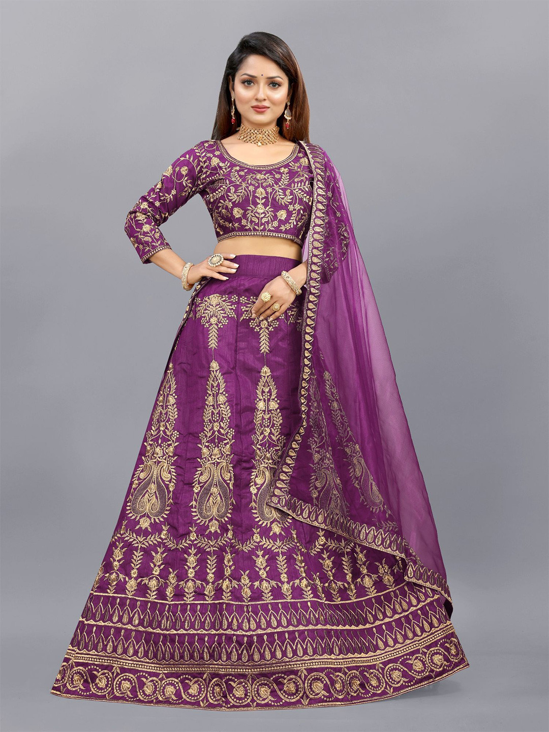 

Aika Embroidered Thread Work Semi-Stitched Lehenga & Unstitched Blouse With Dupatta, Purple