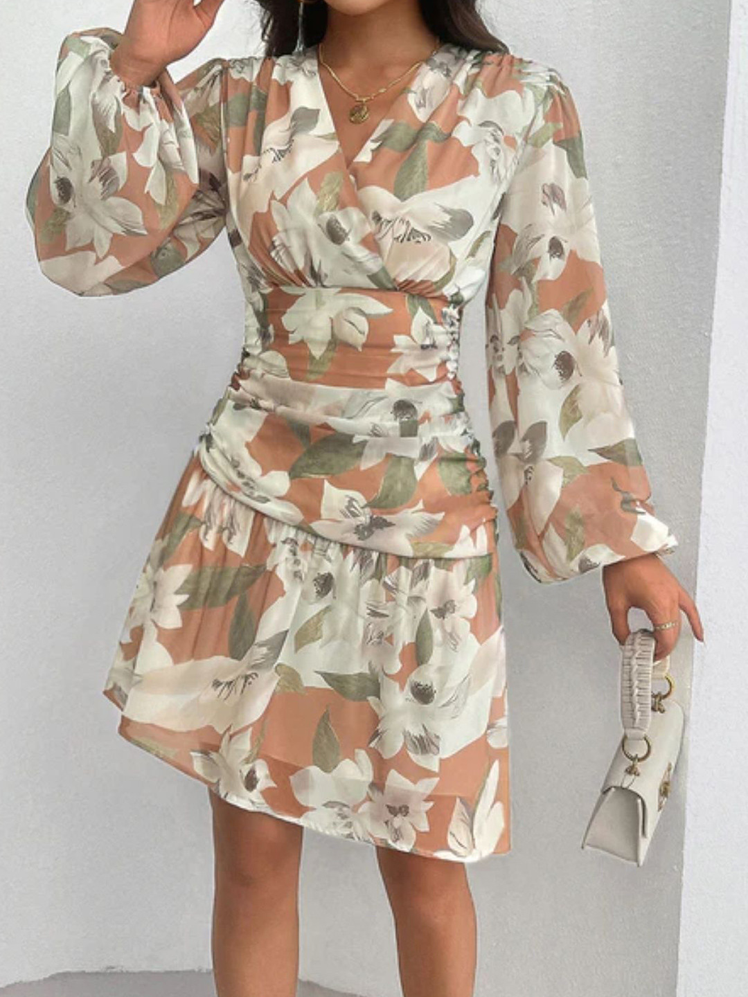 

KPOP Floral Printed Puff Sleeve Sheath Dress, White