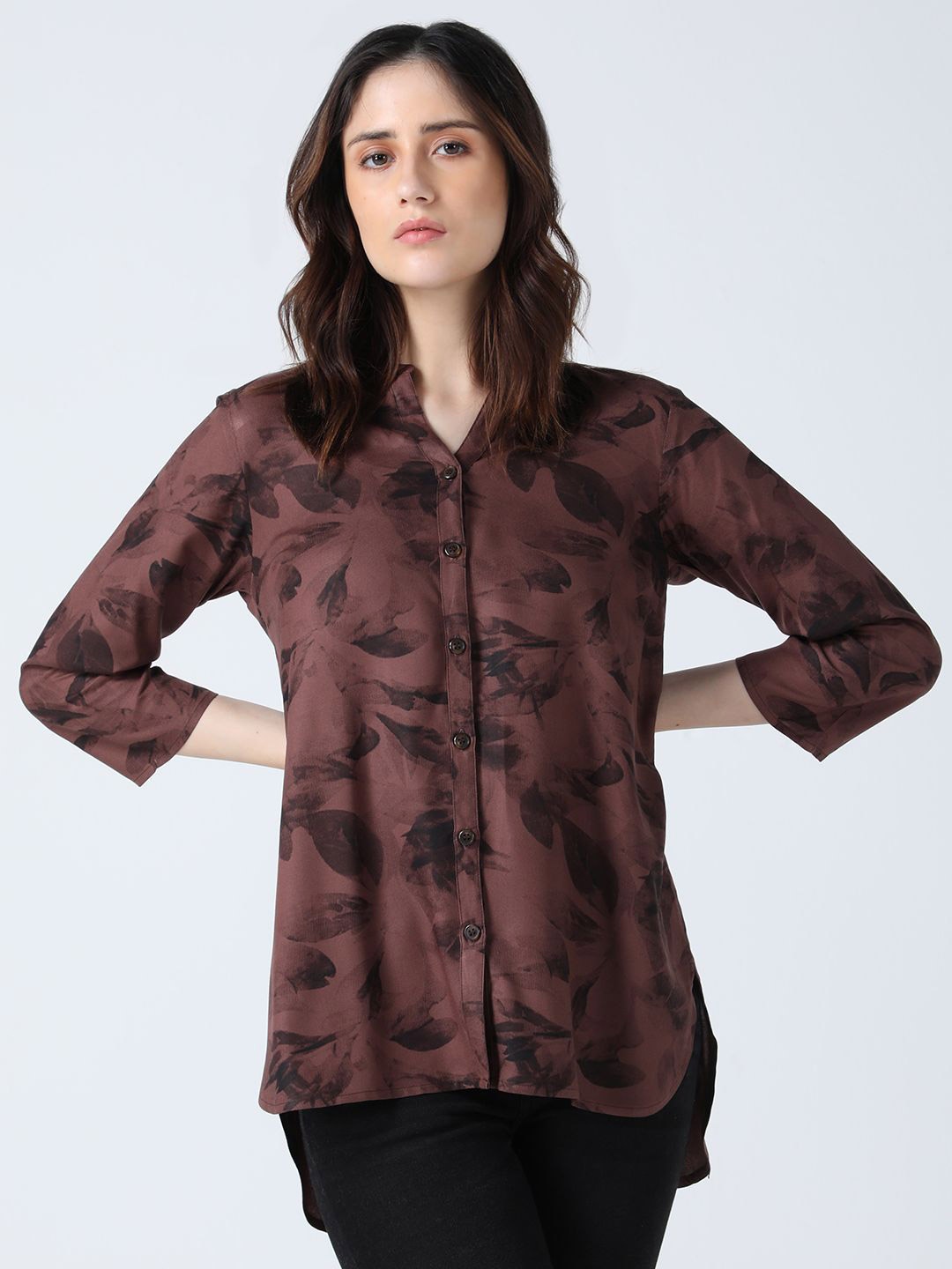 

IDK Women Floral Printed Mandarin Collar Top, Brown