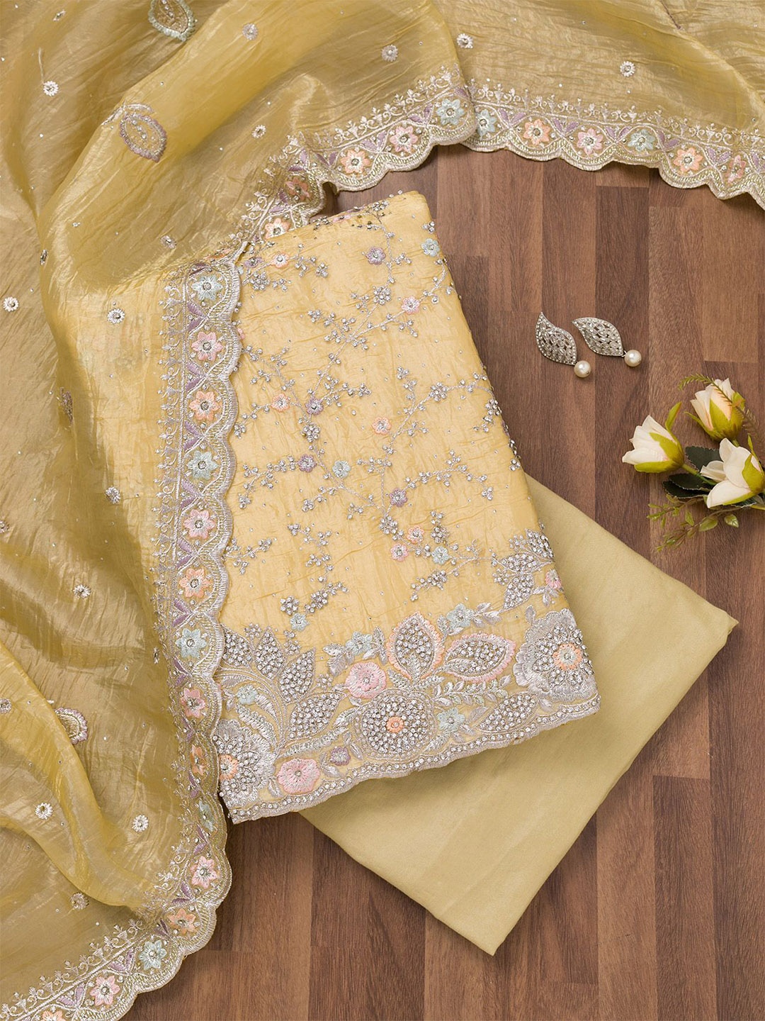 

Koskii Floral Embroidered Beads and Stones Unstitched Dress Material, Yellow