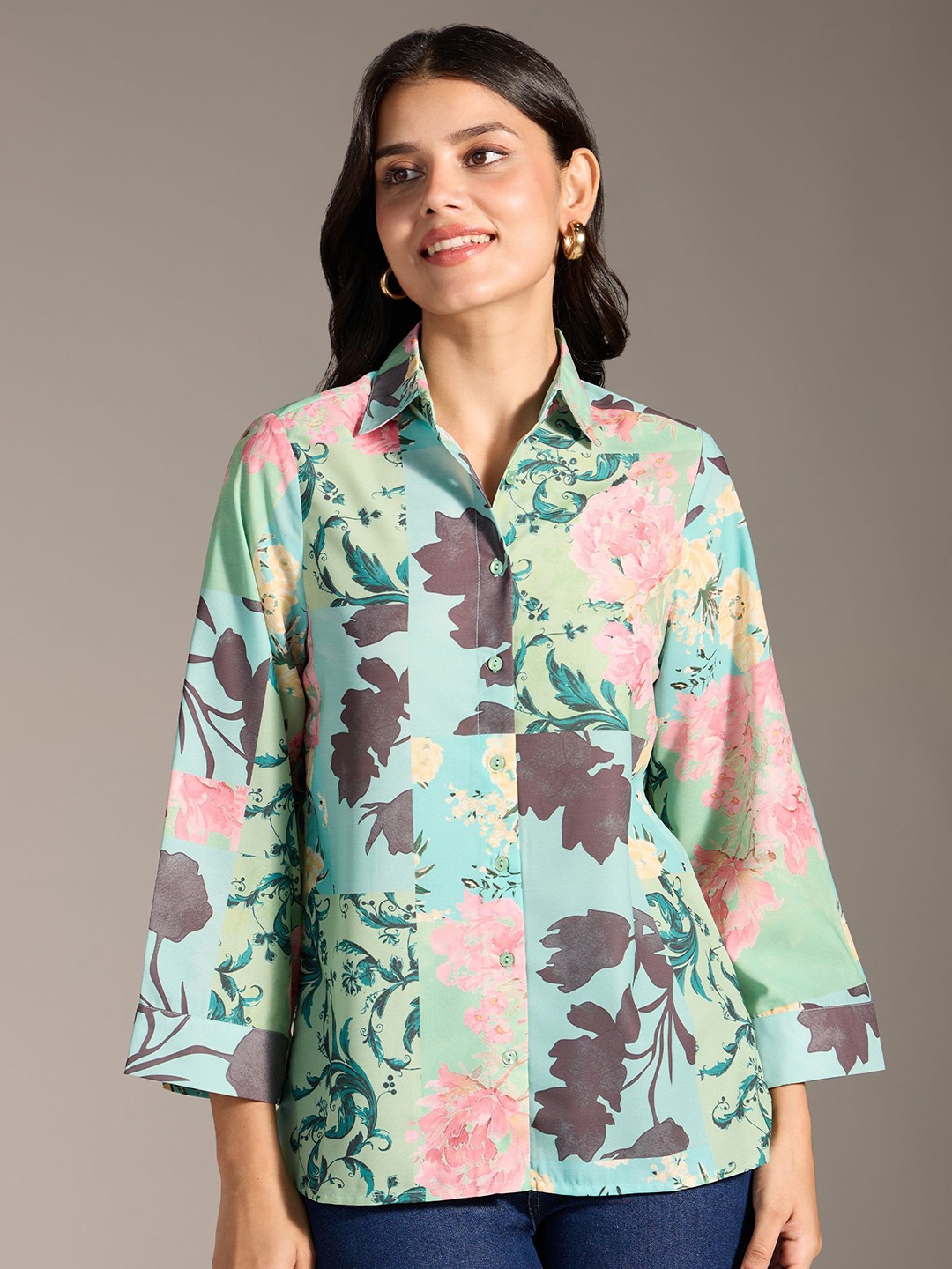 

20Dresses Women Spread Collar Floral Printed Casual Shirt, Green