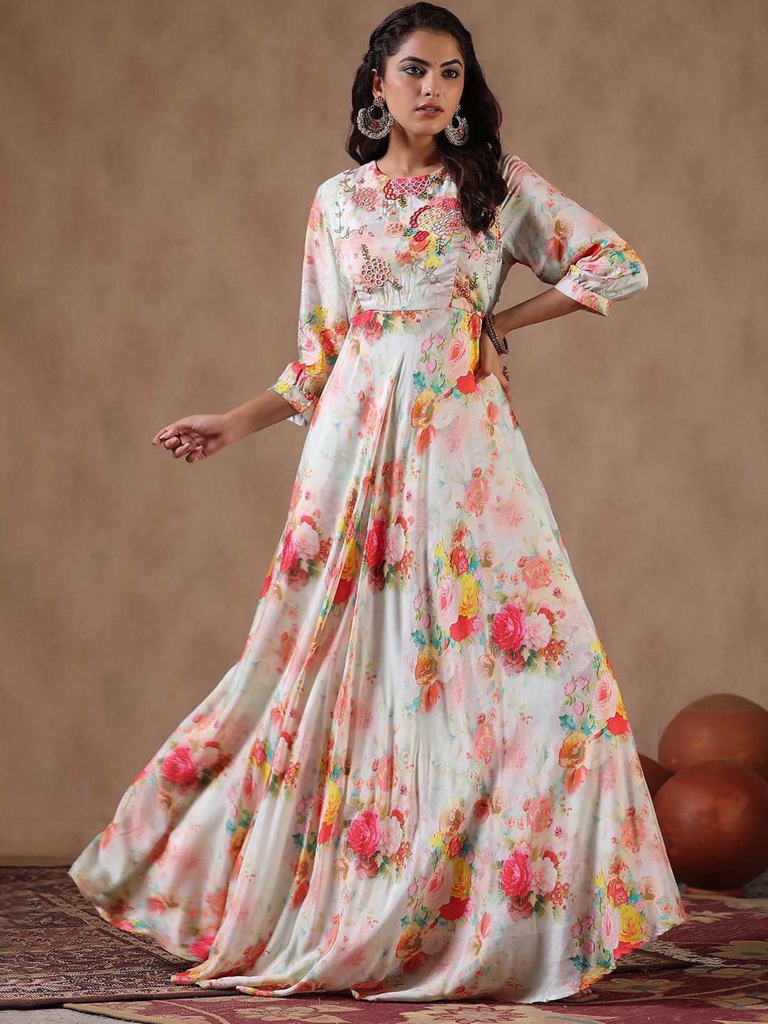 

SCAKHI Floral Printed Cuffed Sleeves Embellished Flared Maxi Ethnic Dresses, White