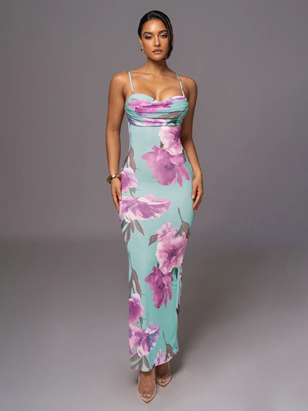 

KPOP Women Floral Print Bodycon Maxi Dress, Blue