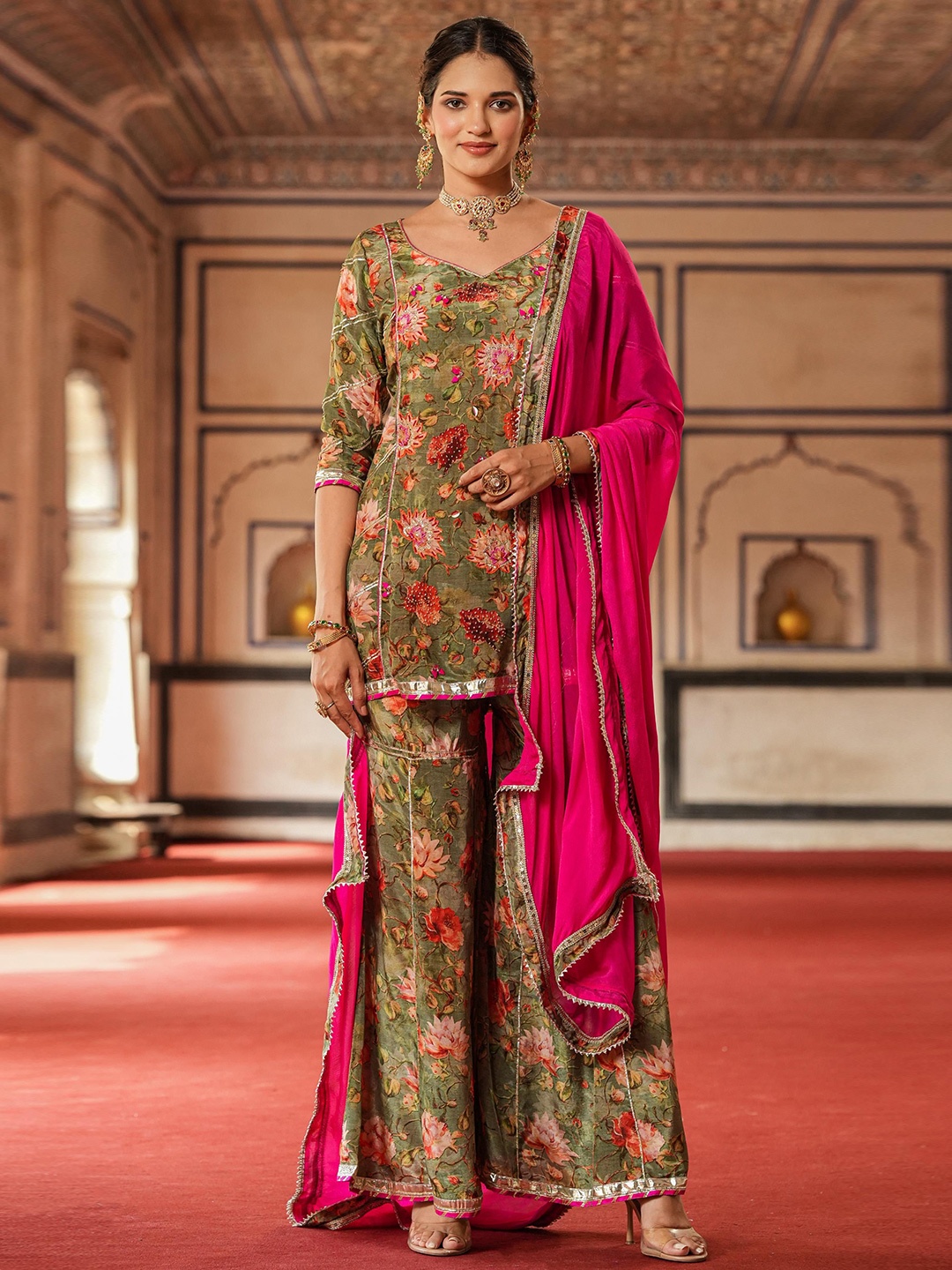 

SCAKHI Floral Printed Gotta Patti Silk Crepe Straight Kurti with Sharara & With Dupatta, Olive