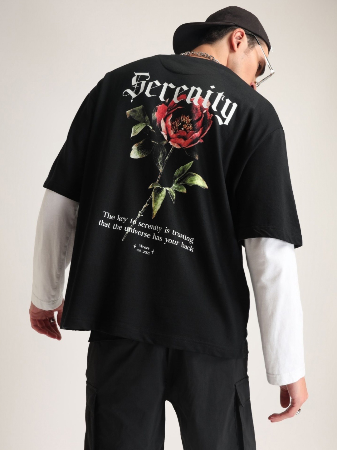 

Weezy Men Cotton Round Neck Half Sleeve Graphic Printed Oversized T-shirt, Black
