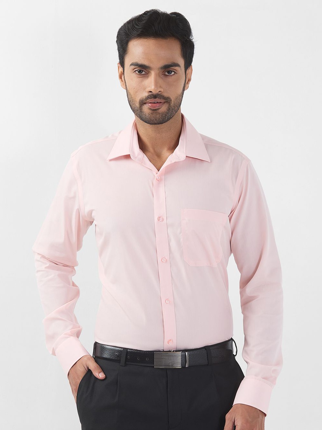 

Raymond Men Contemporary Fit Spread Collar Solid Cotton Formal Shirt, Pink