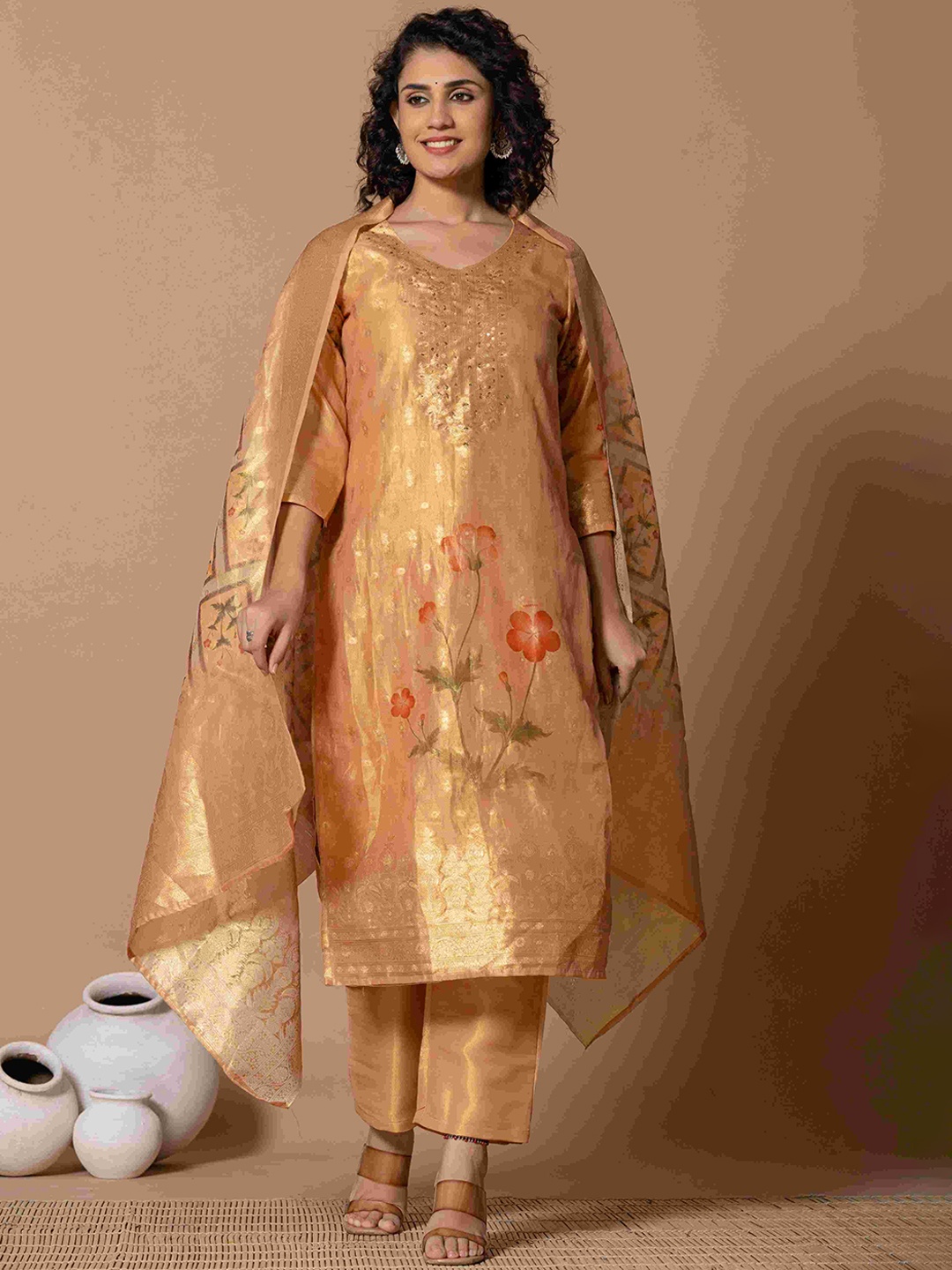 

Do Dhaage Ethnic Motifs Embroidered Sequinned Straight Kurta With Trousers & Dupatta, Mustard