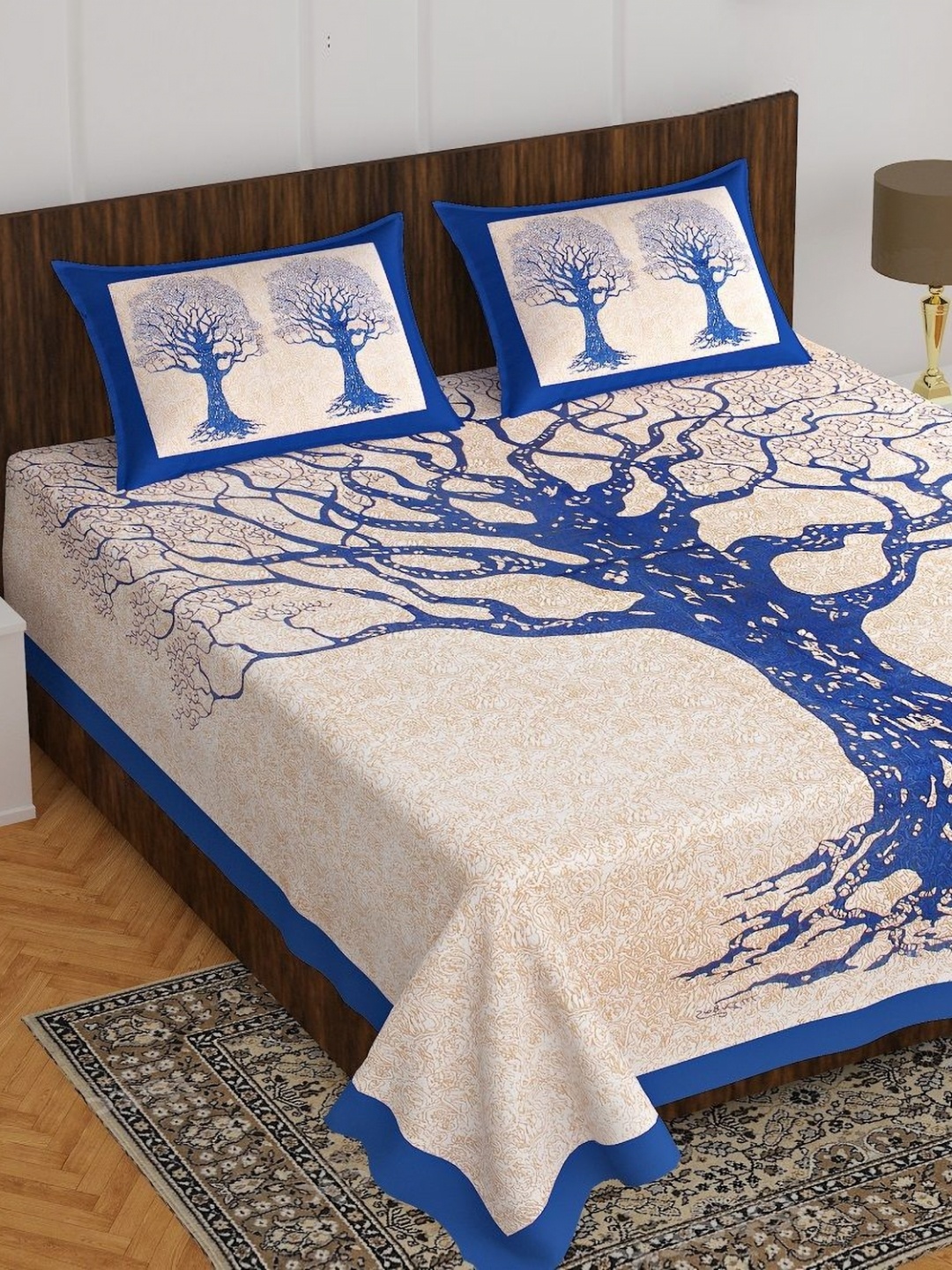 

AYAT COLLECTION Blue Tree Printed Pure Cotton 144 TC Queen Bedsheet & 2 Pillow Covers