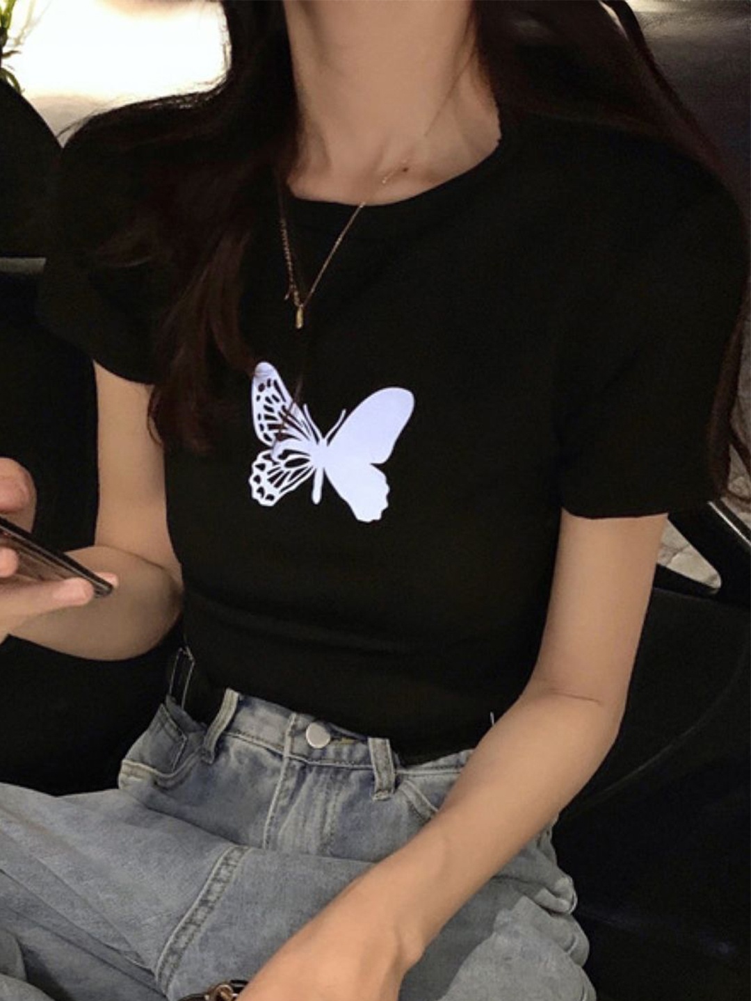 

KPOP Round Neck Short Sleeve Crop Top, Black