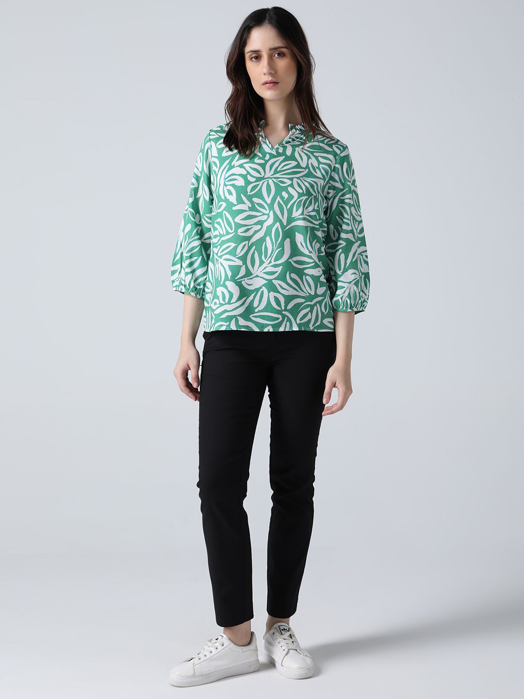 

IDK Women Tropical Printed Shirt Collar Top, Green