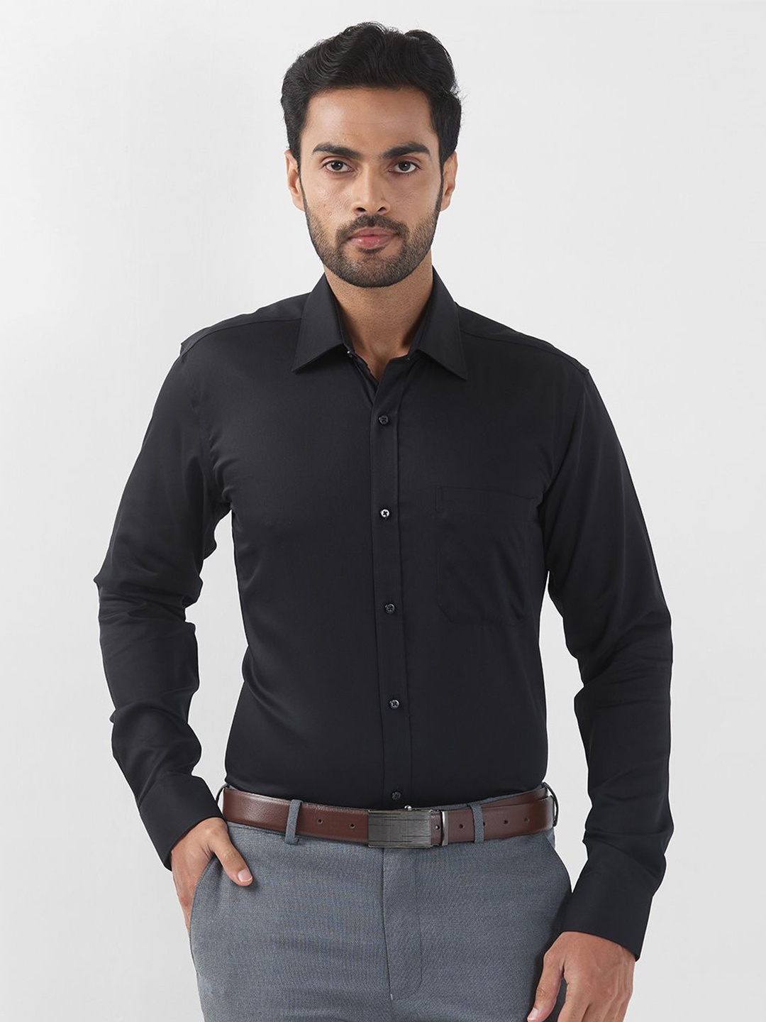 

Raymond Men Contemporary Spread Collar Solid Cotton Formal Shirt, Black