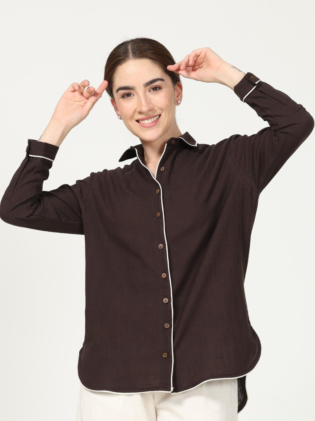 

Saltpetre Women Relaxed Spread Collar Solid Cotton Relaxed Fit Formal Shirt, Coffee brown