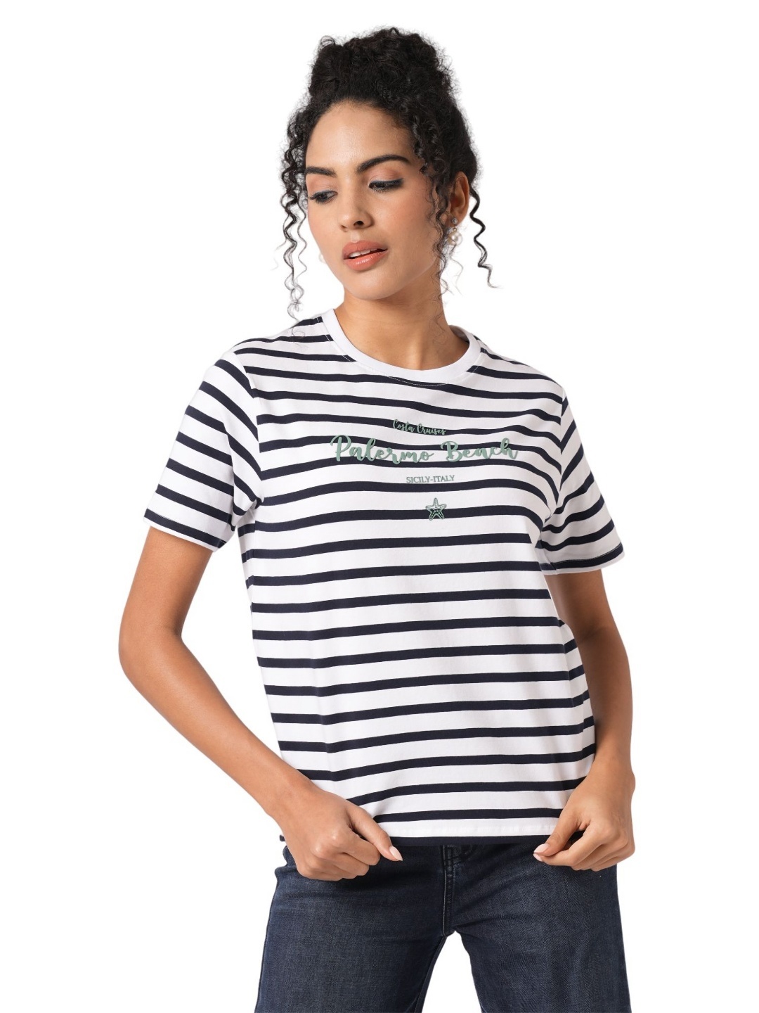 

Kraus Jeans Women Striped Round Neck Cotton Slim Fit T-shirt, White