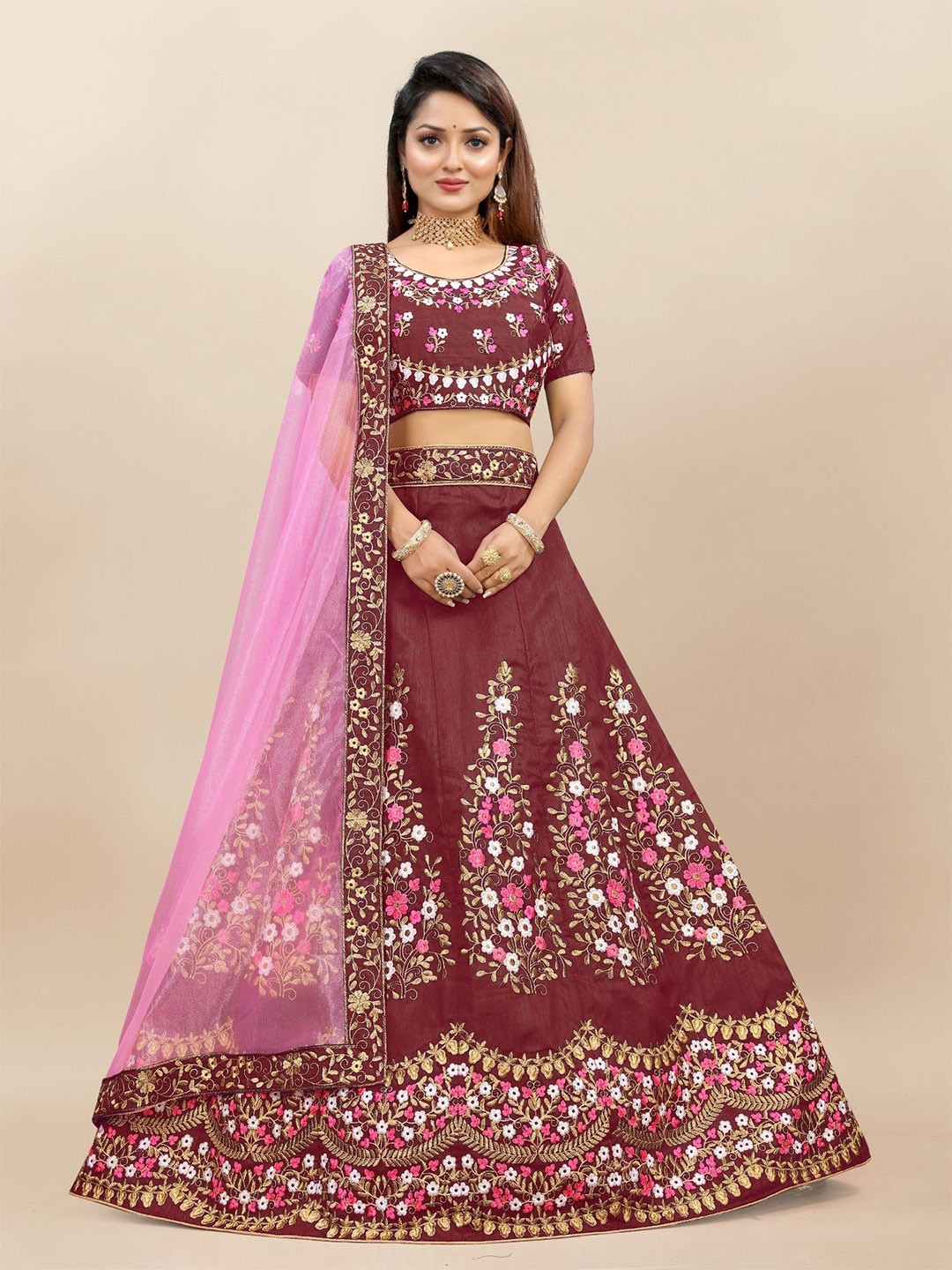 

LADY SHOPI Embroidered Thread Work Semi-Stitched Lehenga & Unstitched Blouse With Dupatta, Maroon
