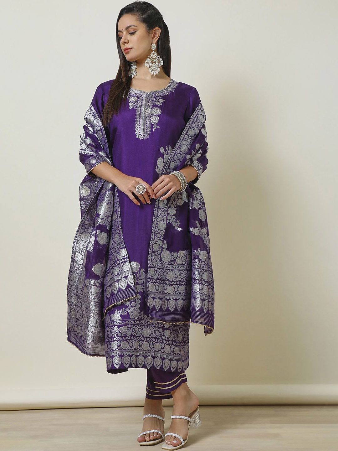 

Soch Embroidered Zari Straight Kurta with Trousers & Dupatta, Purple