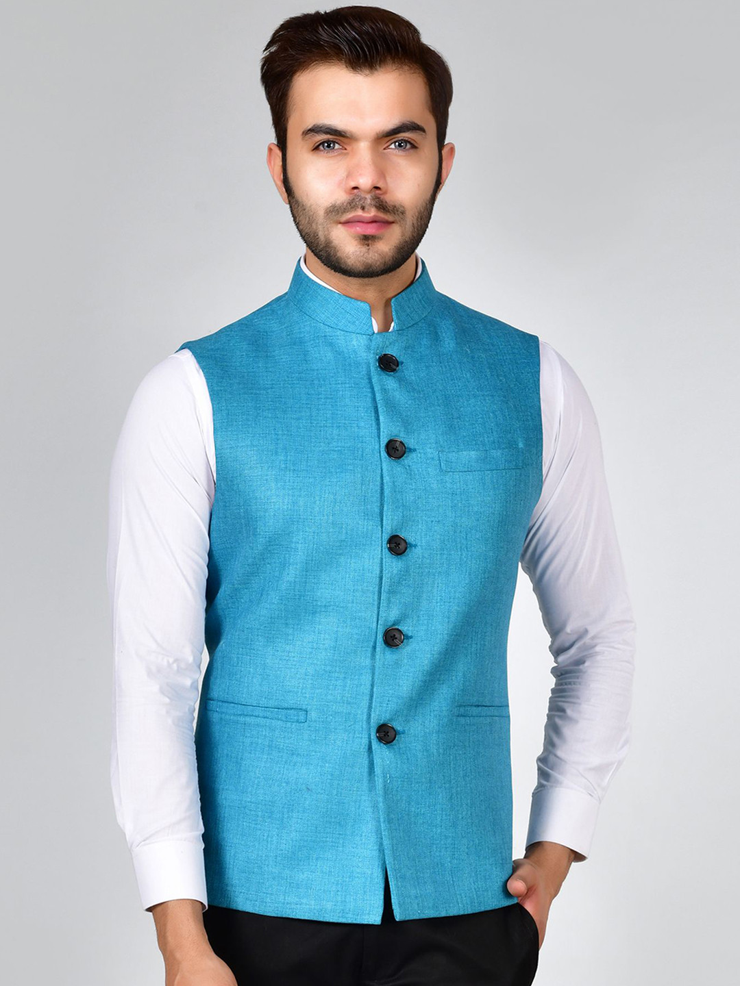 

LA'SCOOT Woven Linen Nehru Jacket, Blue