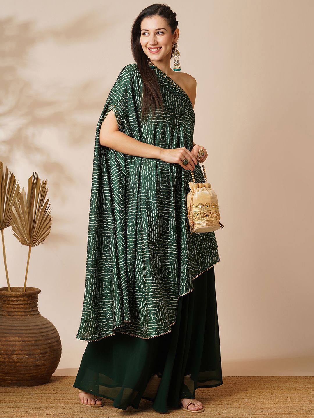 

Globus Green Bandhani Printed Embroidered One Shoulder Tunic & Skirt
