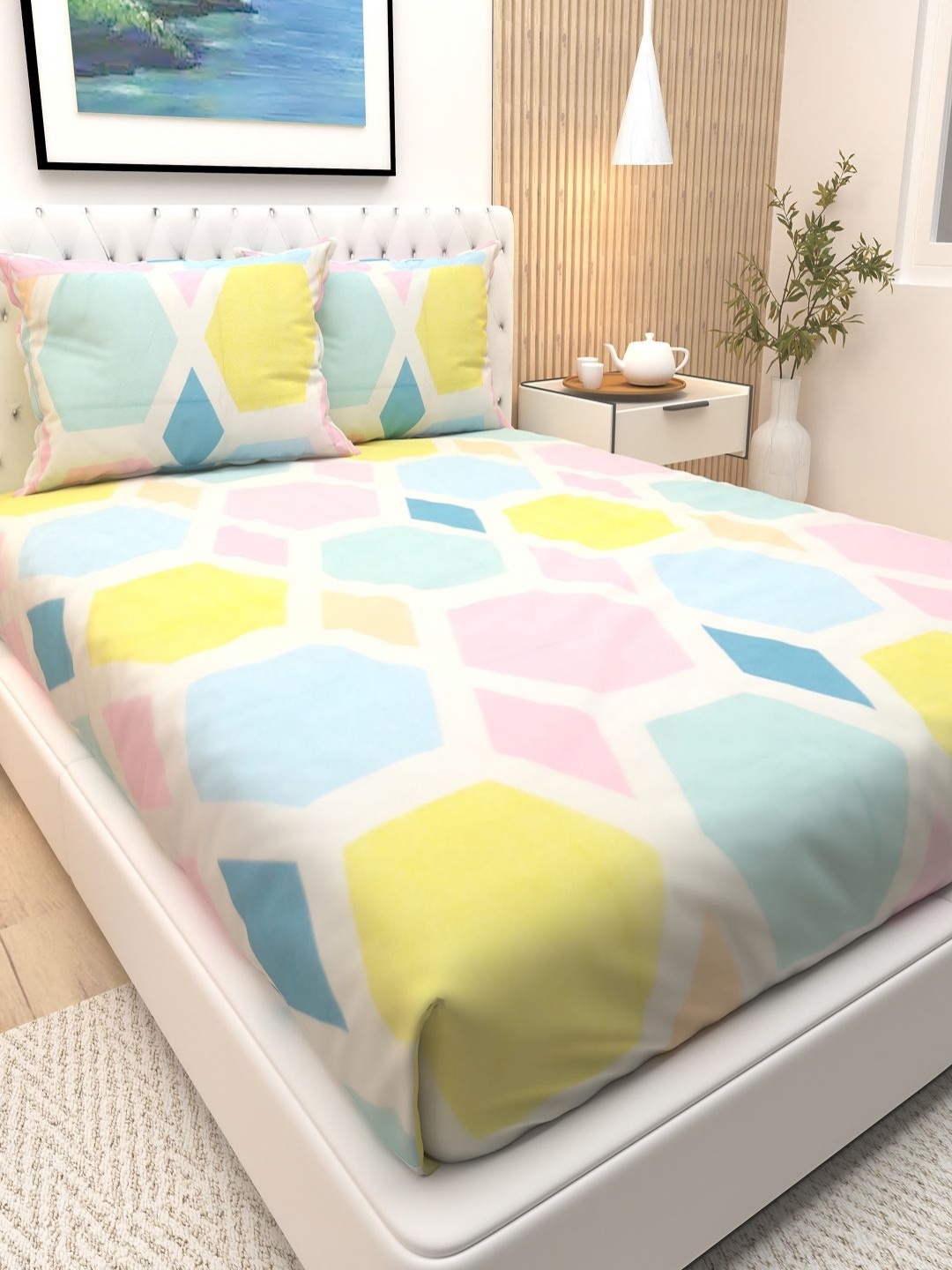 

Athom Living White Geometric Printed Cotton 180TC Queen Bedsheet & 2 Pillow Covers