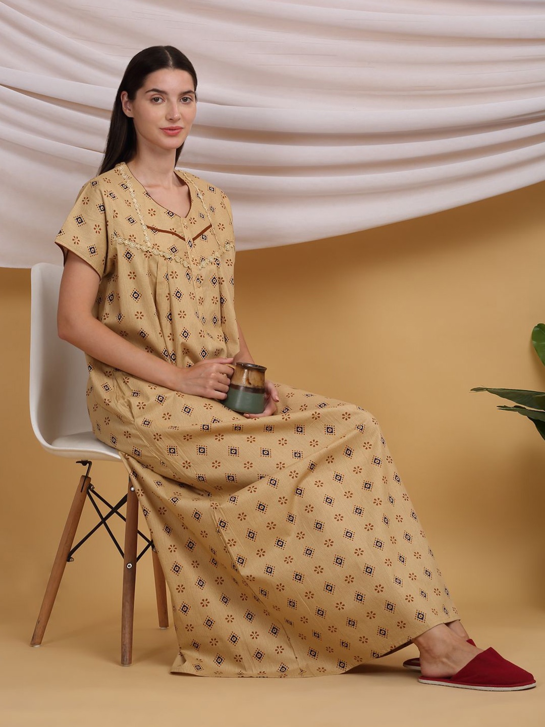 

Sweet Dreams Printed Pure Cotton Maxi Nightdress, Beige