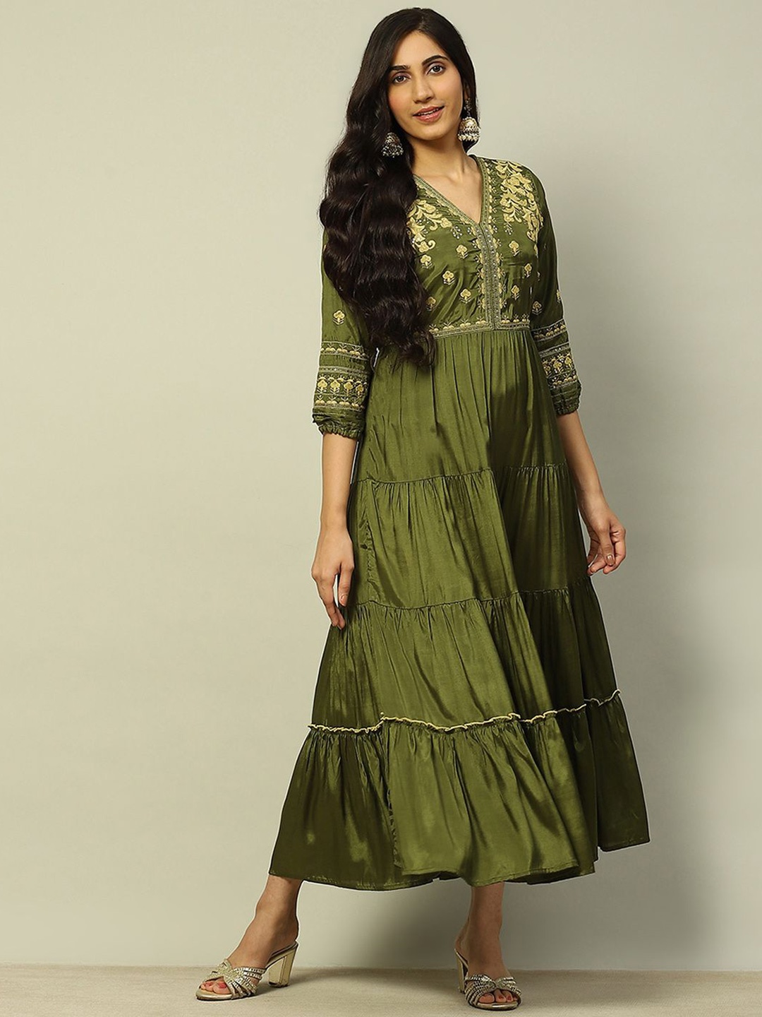 

Rangriti Women Ethnic Motifs Embroidered V-neck Maxi Dress, Olive