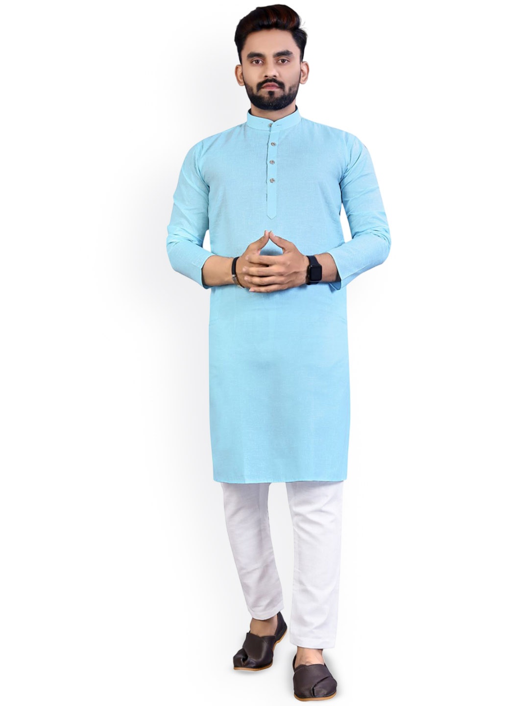 

CHARLOTTE GRACIOUS Mandarin Collar Cotton Silk Straight Kurta, Sea green