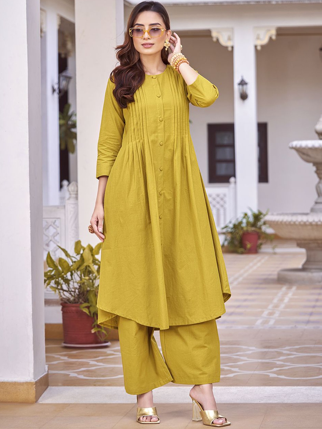 

HRITIKA Pleated Pure Cotton A-Line Kurta with Trousers, Mustard