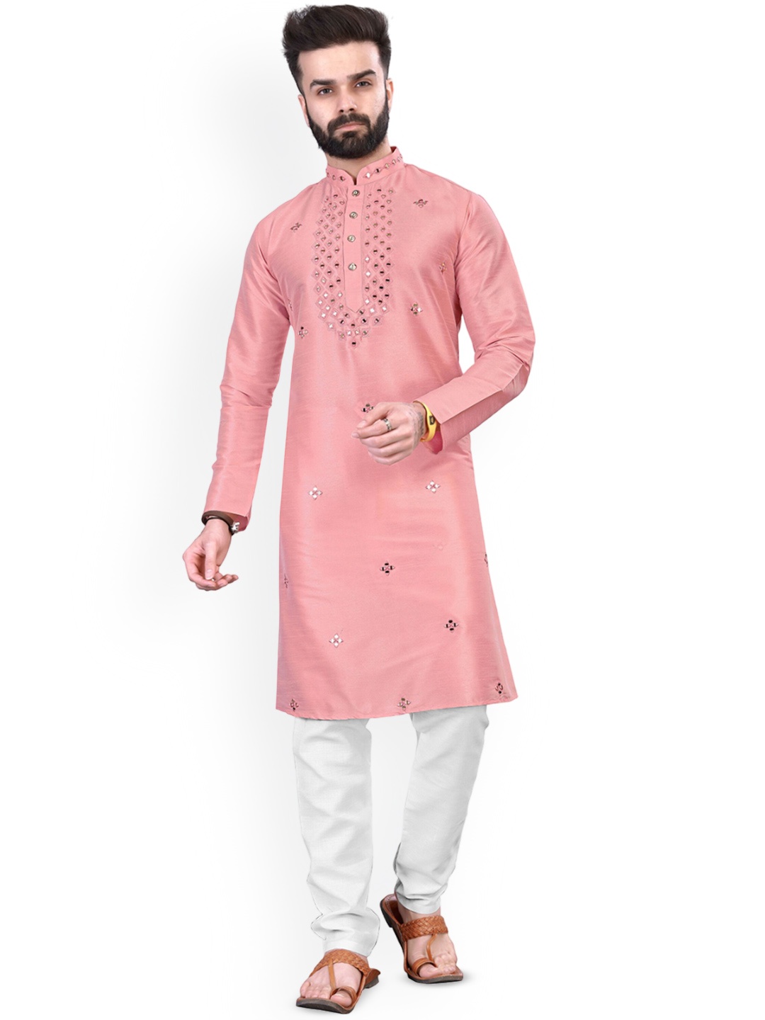 

CHARLOTTE GRACIOUS Embroidered Mandarin Collar Mirror Work Silk Straight Kurta, Pink