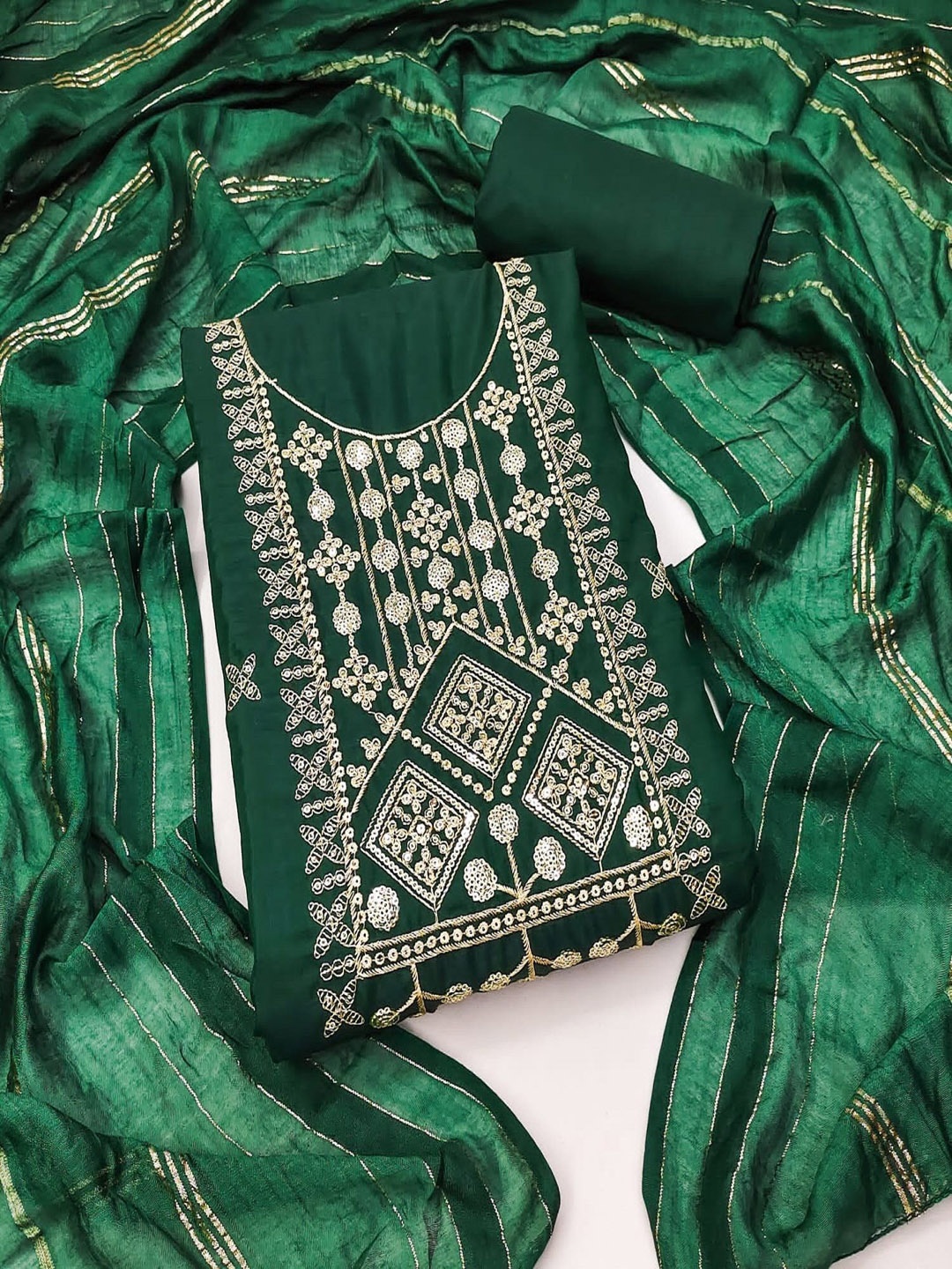 

Aika Floral Embroidered Pure Silk Unstitched Dress Material, Green