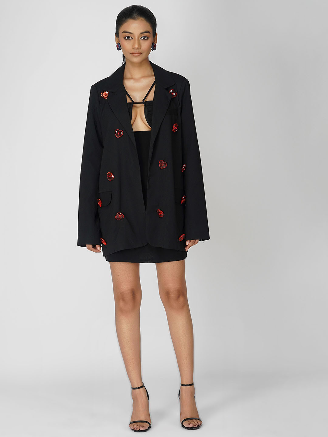 

THE CLOTHING FACTORY Heart Embellished Oversized Open Front Blazer, Black