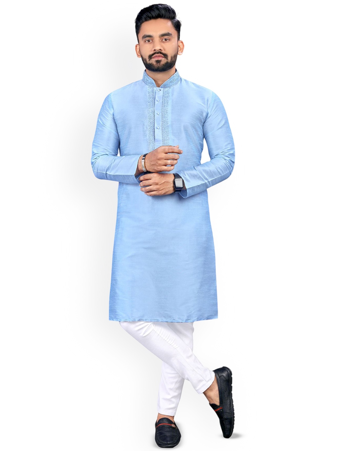 

CHARLOTTE GRACIOUS Mandarin Collar Thread Work Silk Cotton Straight Kurta, Blue