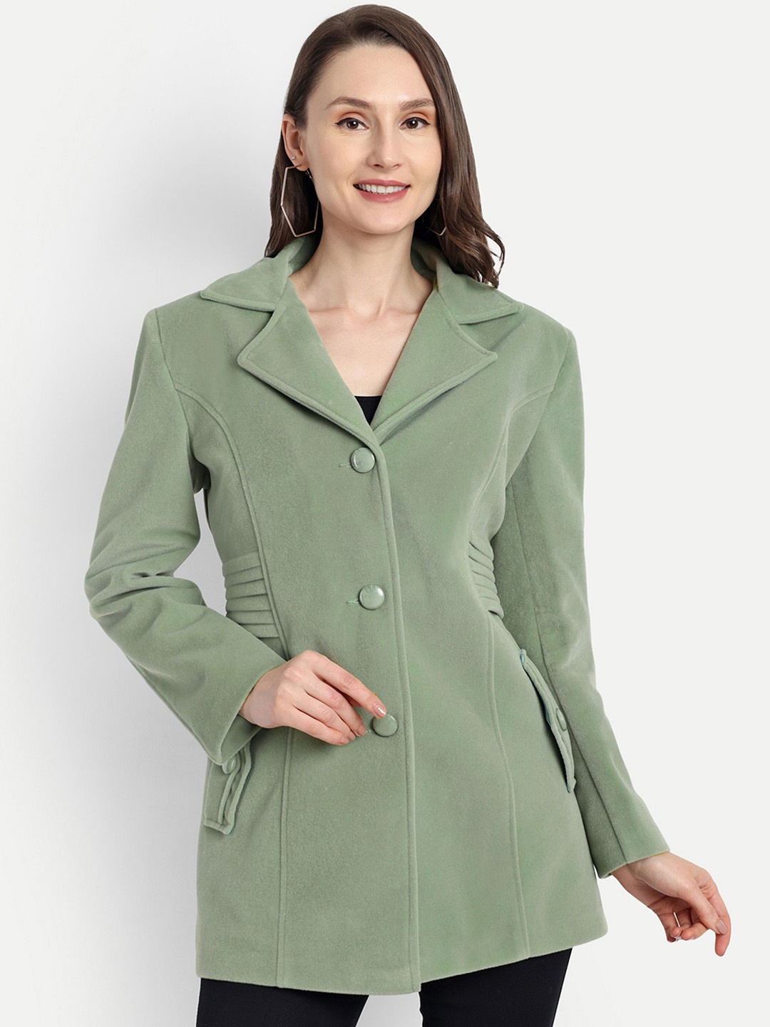 

HAUTEMODA Women Solid Notched Lapel Collar Single-Breasted Overcoat, Green