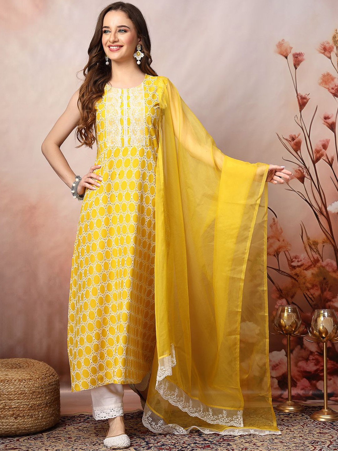 

Stylum Geometric Printed Thread Work Sleeveless A-Line Kurta With Dupatta, Yellow