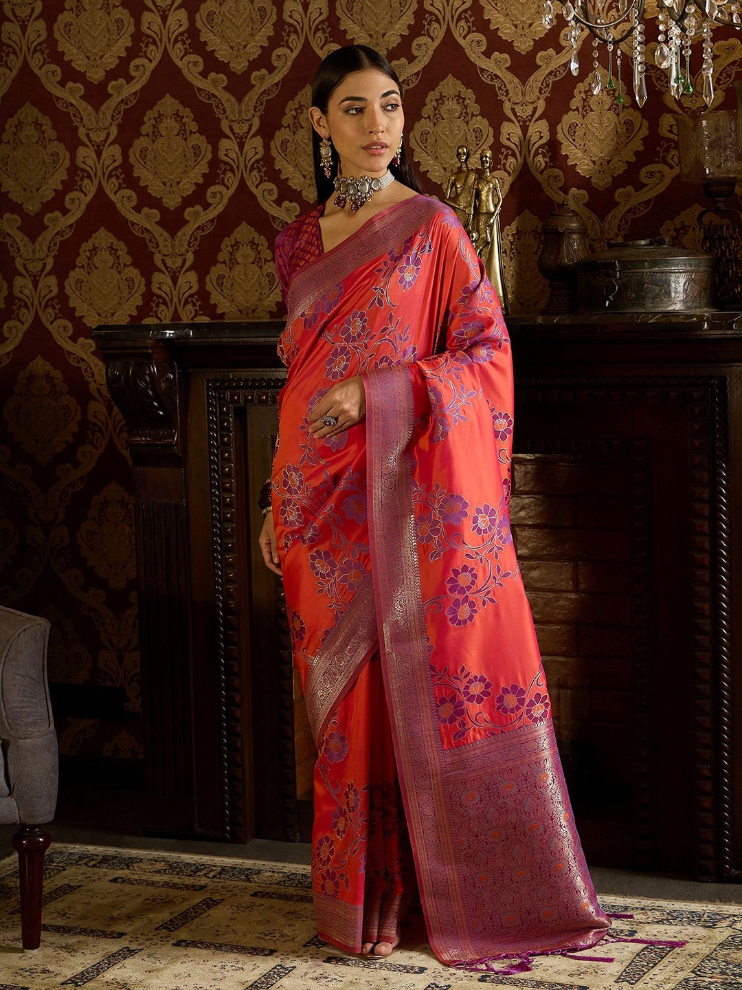 

Dori Woven Design Zari Silk Blend Banarasi Saree, Pink