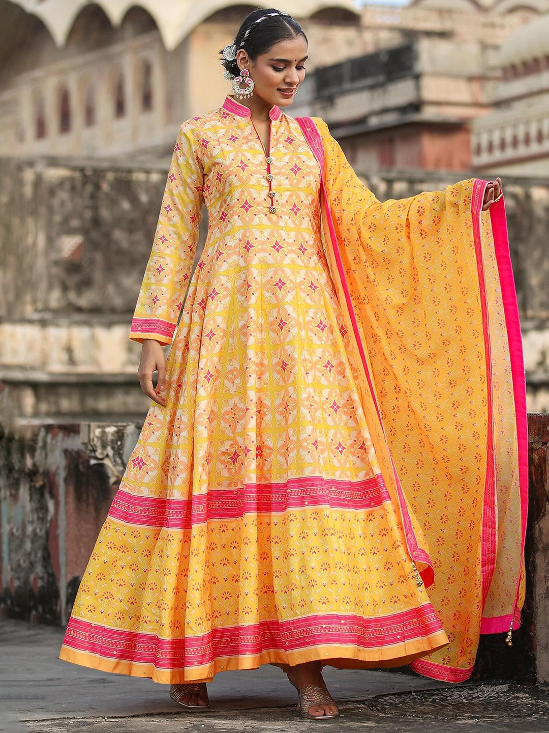 

SCAKHI Floral Printed Maxi Anarkali Dress With Dupatta, Mustard