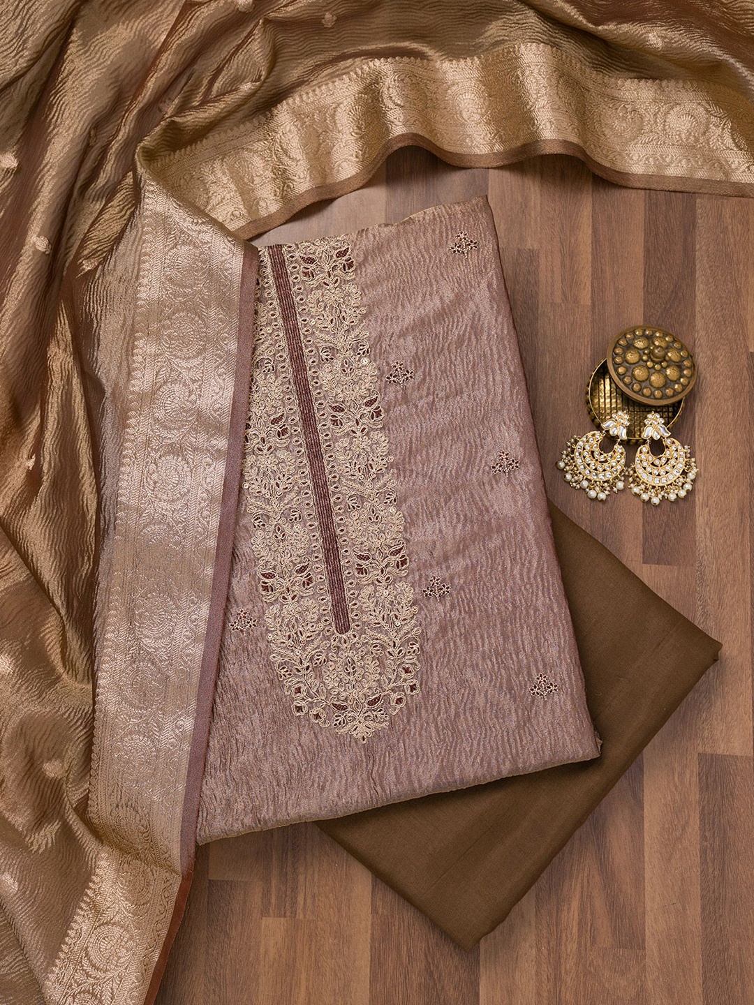 

Koskii Floral Embroidered Zari Unstitched Dress Material, Brown