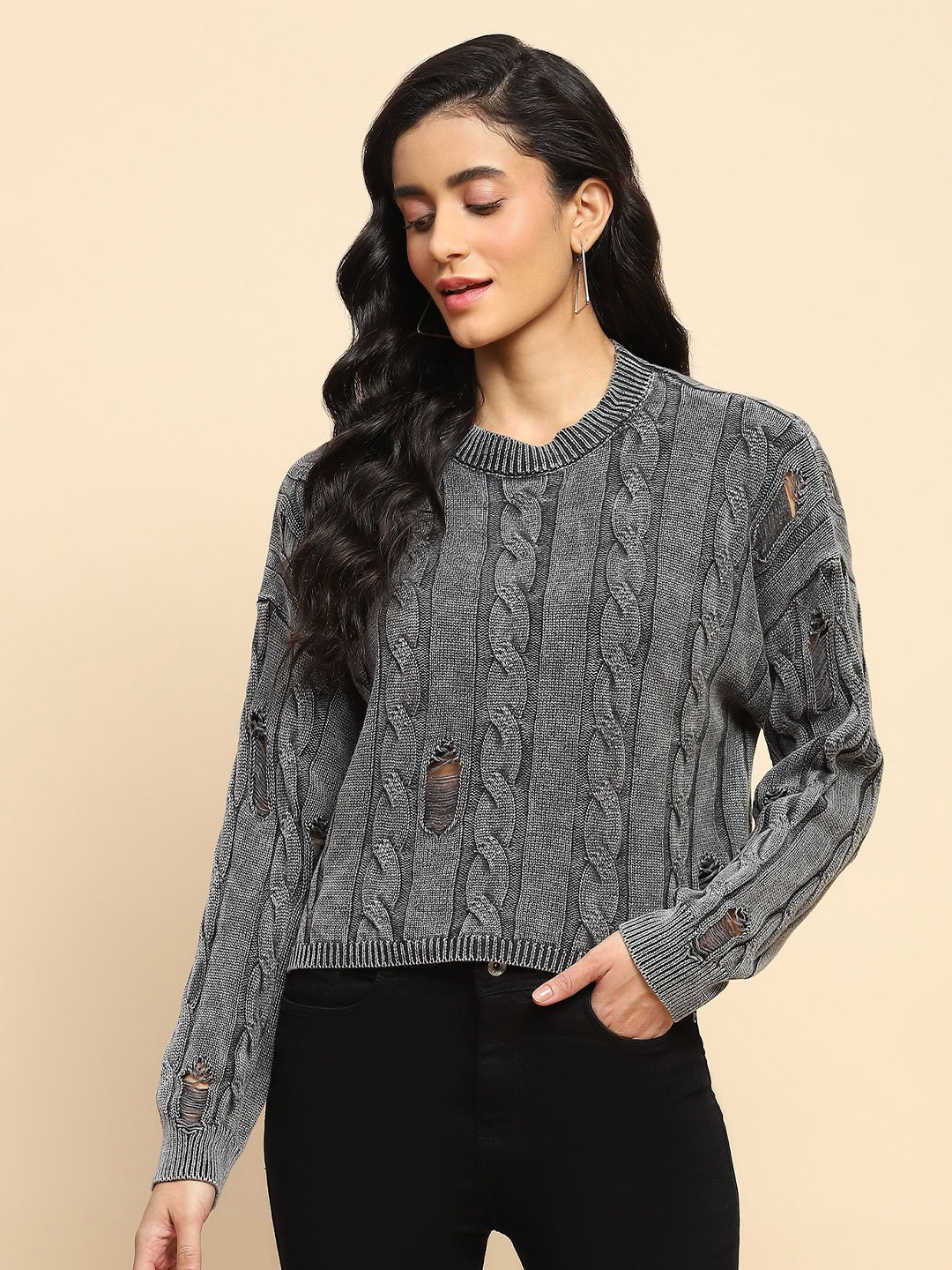 

Global Republic Women Self Design Round Neck Cotton Top, Grey