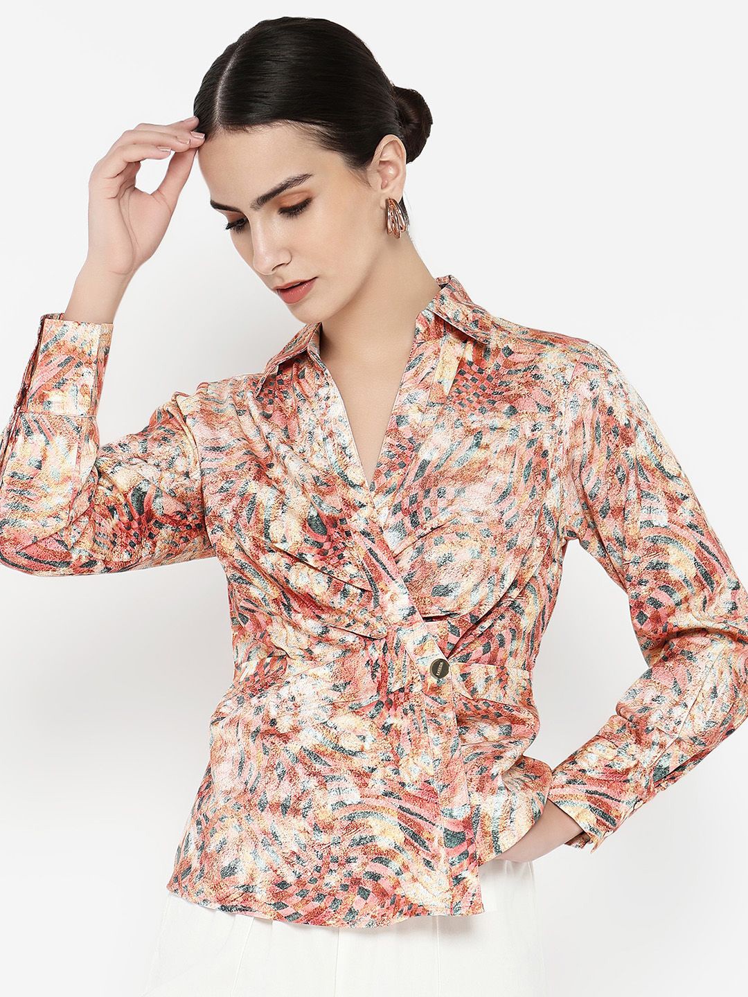 

RAREISM Women Abstract Printed Shirt Collar Cotton Top, White